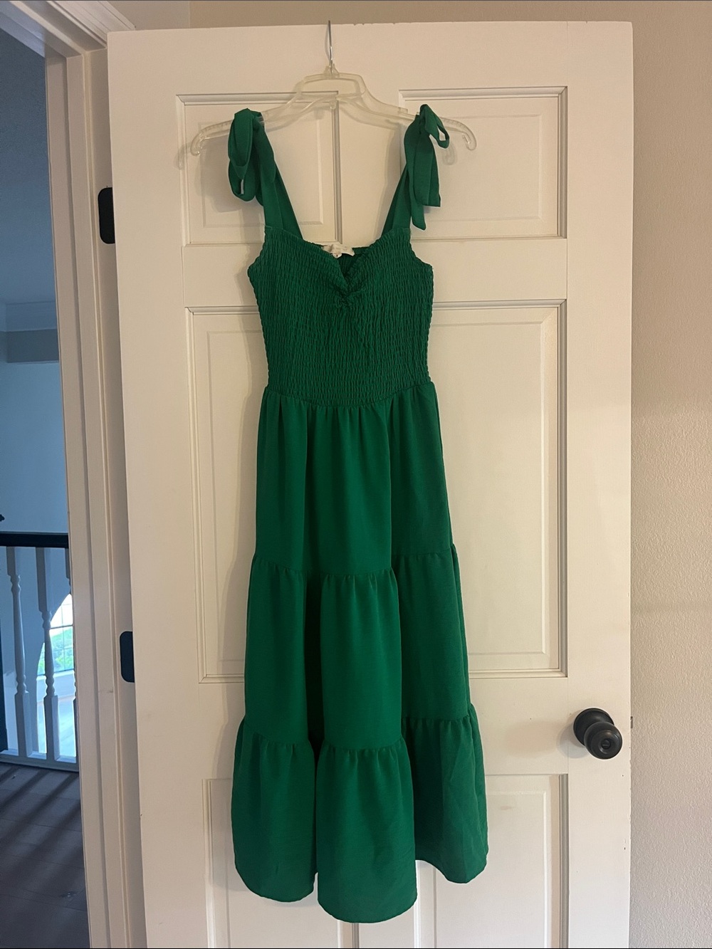 Green Tie-Shoulder Smocked Midi Dress